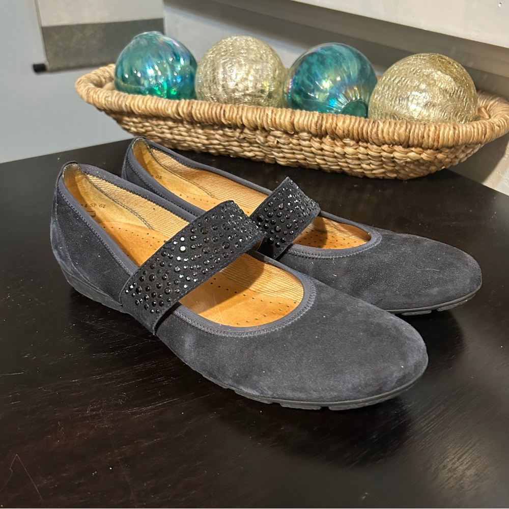 Gabor Black Suede Mary Jane Shoes / Flats With crystal detail strap Size 9